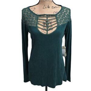 Buckle BKE Gimmicks Teal Lace Cutout Long Sleeve Top Sect Shirt Size Large New‎